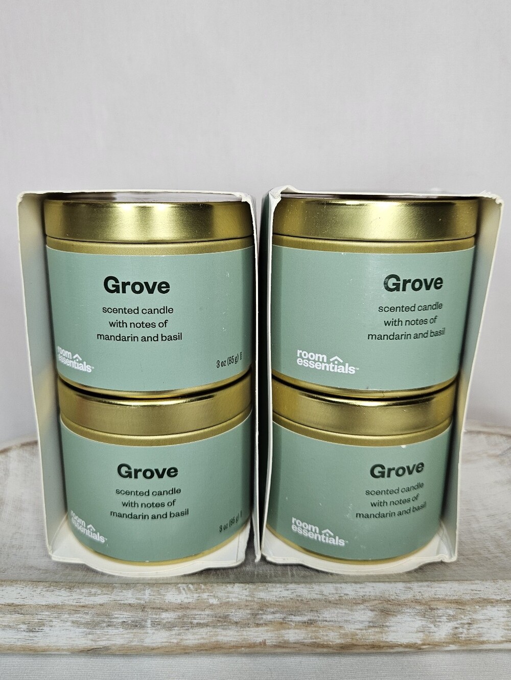NWT Room Essentials Grove Scented Candles 2 Pack Mandarin Basil Gold Tin Set